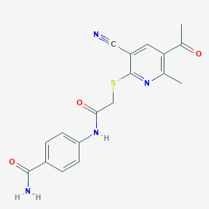 molecular formula C18H16N4O3S B459383 4-({[(5-Acetyl-3-cyano-6-methyl-2-pyridinyl)sulfanyl]acetyl}amino)benzamide 