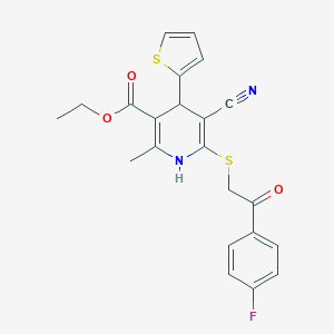 molecular formula C22H19FN2O3S2 B459387 Ethyl 5-cyano-6-[2-(4-fluorophenyl)-2-oxoethyl]sulfanyl-2-methyl-4-thiophen-2-yl-1,4-dihydropyridine-3-carboxylate CAS No. 313379-53-2