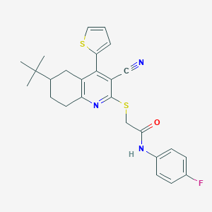 molecular formula C26H26FN3OS2 B459411 2-{[6-tert-butyl-3-cyano-4-(thiophen-2-yl)-5,6,7,8-tetrahydroquinolin-2-yl]sulfanyl}-N-(4-fluorophenyl)acetamide CAS No. 354554-43-1