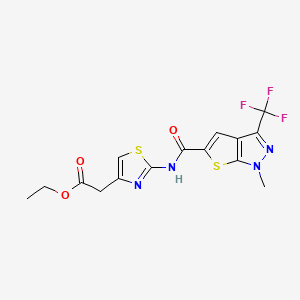 molecular formula C15H13F3N4O3S2 B4594133 ETHYL 2-[2-({[1-METHYL-3-(TRIFLUOROMETHYL)-1H-THIENO[2,3-C]PYRAZOL-5-YL]CARBONYL}AMINO)-1,3-THIAZOL-4-YL]ACETATE 