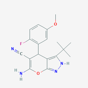 molecular formula C18H19FN4O2 B459427 6-Amino-3-tert-butyl-4-(2-fluoro-5-methoxyphenyl)-2,4-dihydropyrano[2,3-c]pyrazole-5-carbonitrile CAS No. 354554-80-6