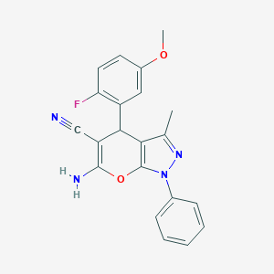 molecular formula C21H17FN4O2 B459432 6-Amino-4-(2-fluoro-5-methoxyphenyl)-3-methyl-1-phenyl-1,4-dihydropyrano[2,3-c]pyrazole-5-carbonitrile CAS No. 354554-81-7