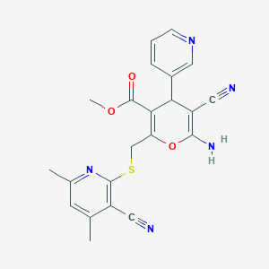 molecular formula C22H19N5O3S B459436 6-amino-5-ciano-2-{[(3-ciano-4,6-dimetilpiridin-2-il)sulfanyl]metil}-4-(piridin-3-il)-4H-piran-3-carboxilato de metilo CAS No. 354554-90-8