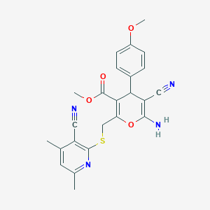 molecular formula C24H22N4O4S B459437 methyl 6-amino-5-cyano-2-{[(3-cyano-4,6-dimethyl-2-pyridinyl)sulfanyl]methyl}-4-(4-methoxyphenyl)-4H-pyran-3-carboxylate 