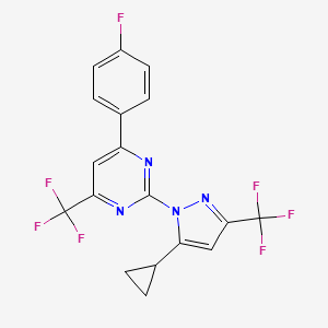 molecular formula C18H11F7N4 B4594384 2-[5-cyclopropyl-3-(trifluoromethyl)-1H-pyrazol-1-yl]-4-(4-fluorophenyl)-6-(trifluoromethyl)pyrimidine 