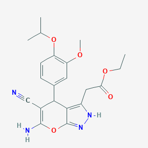 molecular formula C21H24N4O5 B459452 Ethyl 2-[6-amino-5-cyano-4-(3-methoxy-4-propan-2-yloxyphenyl)-2,4-dihydropyrano[2,3-c]pyrazol-3-yl]acetate CAS No. 371129-00-9