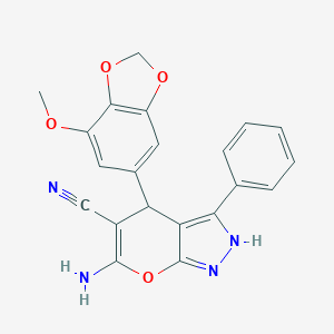 molecular formula C21H16N4O4 B459461 6-Amino-4-(7-methoxy-1,3-benzodioxol-5-yl)-3-phenyl-2,4-dihydropyrano[2,3-c]pyrazole-5-carbonitrile CAS No. 712295-95-9