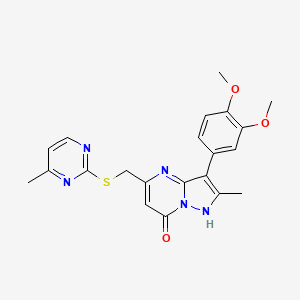 molecular formula C21H21N5O3S B4595123 3-(3,4-Dimethoxyphenyl)-2-methyl-5-{[(4-methylpyrimidin-2-yl)sulfanyl]methyl}pyrazolo[1,5-a]pyrimidin-7-ol 