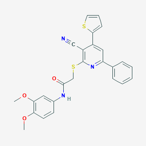molecular formula C26H21N3O3S2 B459516 2-{[3-cyano-6-phenyl-4-(2-thienyl)-2-pyridinyl]sulfanyl}-N-(3,4-dimethoxyphenyl)acetamide CAS No. 354555-58-1