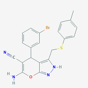 molecular formula C21H17BrN4OS B459524 6-Amino-4-(3-bromophenyl)-3-[(4-methylphenyl)sulfanylmethyl]-2,4-dihydropyrano[2,3-c]pyrazole-5-carbonitrile CAS No. 445266-64-8