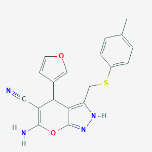 molecular formula C19H16N4O2S B459526 6-Amino-4-(3-furyl)-3-{[(4-methylphenyl)sulfanyl]methyl}-2,4-dihydropyrano[2,3-c]pyrazole-5-carbonitrile 