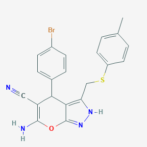 molecular formula C21H17BrN4OS B459527 6-Amino-4-(4-bromophenyl)-3-[(4-methylphenyl)sulfanylmethyl]-2,4-dihydropyrano[2,3-c]pyrazole-5-carbonitrile CAS No. 370573-02-7