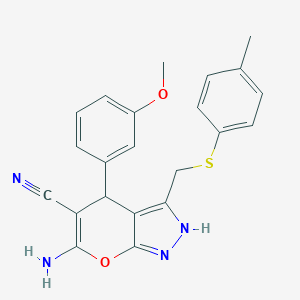 molecular formula C22H20N4O2S B459529 6-Amino-4-(3-methoxyphenyl)-3-{[(4-methylphenyl)sulfanyl]methyl}-2,4-dihydropyrano[2,3-c]pyrazole-5-carbonitrile 