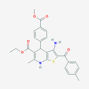 molecular formula C27H26N2O5S B459532 Ethyl 3-amino-4-(4-methoxycarbonylphenyl)-6-methyl-2-(4-methylbenzoyl)-4,7-dihydrothieno[2,3-b]pyridine-5-carboxylate CAS No. 445266-68-2