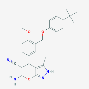molecular formula C26H28N4O3 B459536 6-Amino-4-{3-[(4-tert-butylphenoxy)methyl]-4-methoxyphenyl}-3-methyl-2,4-dihydropyrano[2,3-c]pyrazole-5-carbonitrile 
