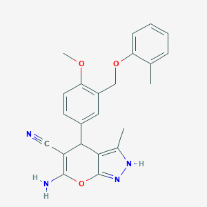 molecular formula C23H22N4O3 B459540 6-Amino-4-{4-methoxy-3-[(2-methylphenoxy)methyl]phenyl}-3-methyl-2,4-dihydropyrano[2,3-c]pyrazole-5-carbonitrile 