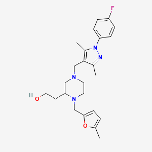 molecular formula C24H31FN4O2 B4595409 2-{4-{[1-(4-fluorophenyl)-3,5-dimethyl-1H-pyrazol-4-yl]methyl}-1-[(5-methyl-2-furyl)methyl]-2-piperazinyl}ethanol 