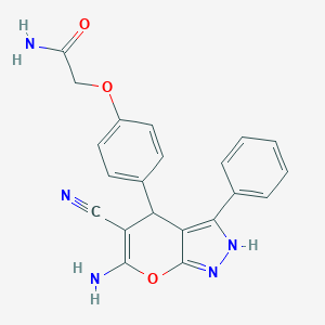 molecular formula C21H17N5O3 B459548 2-{[4-(6-Amino-5-cyano-3-phenyl-2,4-dihydropyrano[2,3-c]pyrazol-4-yl)phenyl]oxy}acetamide CAS No. 489397-38-8