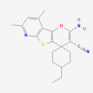 molecular formula C20H23N3OS B459558 2-amino-3-cyano-7,9-dimethyl-1'-ethyl-4H-pyrano[2',3':4,5]thieno[2,3-b]pyridine-4-spiro-4'-cyclohexane CAS No. 371212-43-0