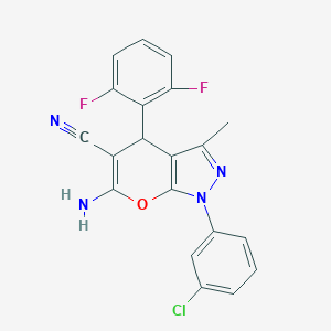 molecular formula C20H13ClF2N4O B459570 6-Amino-1-(3-chlorophenyl)-4-(2,6-difluorophenyl)-3-methyl-1,4-dihydropyrano[2,3-c]pyrazole-5-carbonitrile 