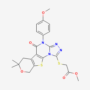 methyl 2-[[7-(4-methoxyphenyl)-12,12-dimethyl-8-oxo-13-oxa-16-thia-2,4,5,7-tetrazatetracyclo[7.7.0.02,6.010,15]hexadeca-1(9),3,5,10(15)-tetraen-3-yl]sulfanyl]acetate