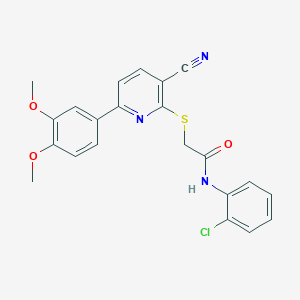 molecular formula C22H18ClN3O3S B459829 N-(2-chlorophenyl)-2-{[3-cyano-6-(3,4-dimethoxyphenyl)pyridin-2-yl]sulfanyl}acetamide CAS No. 500275-60-5