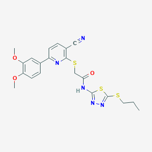 molecular formula C21H21N5O3S3 B459845 2-[3-cyano-6-(3,4-dimethoxyphenyl)pyridin-2-yl]sulfanyl-N-(5-propylsulfanyl-1,3,4-thiadiazol-2-yl)acetamide CAS No. 487024-71-5