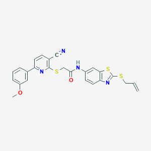 2-[3-cyano-6-(3-methoxyphenyl)pyridin-2-yl]sulfanyl-N-(2-prop-2-enylsulfanyl-1,3-benzothiazol-6-yl)acetamide