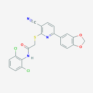 molecular formula C21H13Cl2N3O3S B459886 2-{[6-(1,3-benzodioxol-5-yl)-3-cyano-2-pyridinyl]sulfanyl}-N-(2,6-dichlorophenyl)acetamide CAS No. 445380-88-1