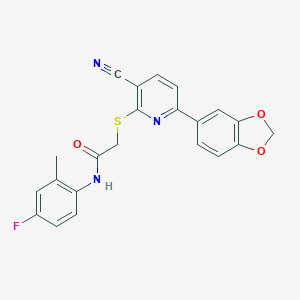 molecular formula C22H16FN3O3S B459888 2-{[6-(1,3-benzodioxol-5-yl)-3-cyanopyridin-2-yl]sulfanyl}-N-(4-fluoro-2-methylphenyl)acetamide CAS No. 498536-91-7