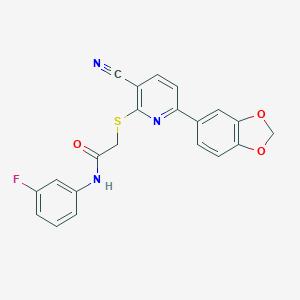 molecular formula C21H14FN3O3S B459891 2-{[6-(1,3-benzodioxol-5-yl)-3-cyano-2-pyridinyl]sulfanyl}-N-(3-fluorophenyl)acetamide CAS No. 445380-91-6