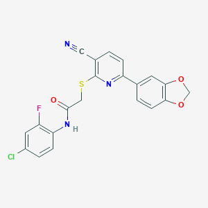 molecular formula C21H13ClFN3O3S B459892 2-{[6-(1,3-benzodioxol-5-yl)-3-cyano-2-pyridinyl]sulfanyl}-N-(4-chloro-2-fluorophenyl)acetamide CAS No. 445381-01-1
