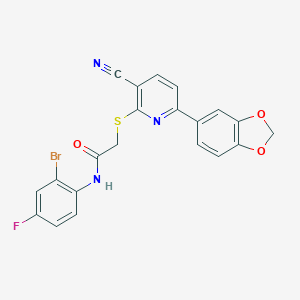 molecular formula C21H13BrFN3O3S B459894 2-{[6-(1,3-benzodioxol-5-yl)-3-cyanopyridin-2-yl]sulfanyl}-N-(2-bromo-4-fluorophenyl)acetamide CAS No. 488802-62-6