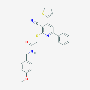 molecular formula C26H21N3O2S2 B459902 2-{[3-cyano-6-phenyl-4-(2-thienyl)-2-pyridinyl]thio}-N-(4-methoxybenzyl)acetamide CAS No. 445381-13-5