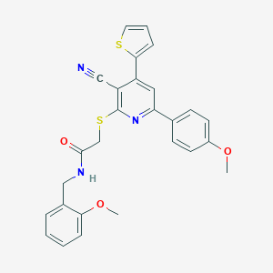 molecular formula C27H23N3O3S2 B459913 2-[3-Cyano-6-(4-methoxy-phenyl)-4-thiophen-2-yl-pyridin-2-ylsulfanyl]-N-(2-methoxy-benzyl)-acetamide CAS No. 445381-22-6