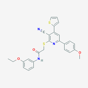 molecular formula C27H23N3O3S2 B459914 2-{[3-cyano-6-(4-methoxyphenyl)-4-(2-thienyl)-2-pyridinyl]sulfanyl}-N-(3-ethoxyphenyl)acetamide CAS No. 445381-25-9