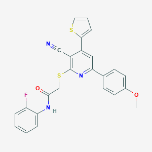 molecular formula C25H18FN3O2S2 B459918 2-{[3-cyano-6-(4-methoxyphenyl)-4-(2-thienyl)-2-pyridinyl]sulfanyl}-N-(2-fluorophenyl)acetamide CAS No. 445381-28-2