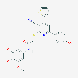 molecular formula C28H25N3O5S2 B459920 2-[3-cyano-6-(4-methoxyphenyl)-4-thiophen-2-ylpyridin-2-yl]sulfanyl-N-(3,4,5-trimethoxyphenyl)acetamide CAS No. 445381-32-8