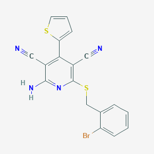 molecular formula C18H11BrN4S2 B459922 2-Amino-6-[(2-bromobenzyl)sulfanyl]-4-(2-thienyl)-3,5-pyridinedicarbonitrile CAS No. 445381-37-3