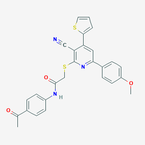 molecular formula C27H21N3O3S2 B459925 N-(4-acetylphenyl)-2-[3-cyano-6-(4-methoxyphenyl)-4-thiophen-2-ylpyridin-2-yl]sulfanylacetamide CAS No. 445381-33-9