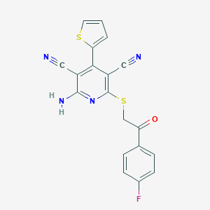 molecular formula C19H11FN4OS2 B459940 2-Amino-6-{[2-(4-fluorophenyl)-2-oxoethyl]sulfanyl}-4-(2-thienyl)-3,5-pyridinedicarbonitrile 