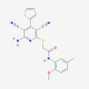 molecular formula C21H17N5O2S2 B459942 2-{[6-amino-3,5-dicyano-4-(2-thienyl)-2-pyridinyl]sulfanyl}-N-(2-methoxy-5-methylphenyl)acetamide 