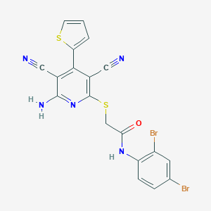 molecular formula C19H11Br2N5OS2 B459949 2-{[6-amino-3,5-dicyano-4-(2-thienyl)-2-pyridinyl]sulfanyl}-N-(2,4-dibromophenyl)acetamide 