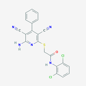 molecular formula C21H13Cl2N5OS B459954 2-[(6-amino-3,5-dicyano-4-phenyl-2-pyridinyl)sulfanyl]-N-(2,6-dichlorophenyl)acetamide 