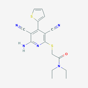 molecular formula C17H17N5OS2 B459957 2-{[6-amino-3,5-dicyano-4-(2-thienyl)-2-pyridinyl]sulfanyl}-N,N-diethylacetamide 