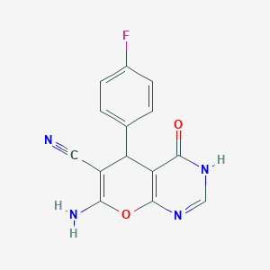 molecular formula C14H9FN4O2 B459962 7-amino-5-(4-fluorophenyl)-4-hydroxy-5H-pyrano[2,3-d]pyrimidine-6-carbonitrile 