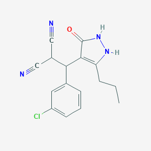 molecular formula C16H15ClN4O B459983 2-[(3-Chlorophenyl)-(3-oxo-5-propyl-1,2-dihydropyrazol-4-yl)methyl]propanedinitrile CAS No. 384801-49-4