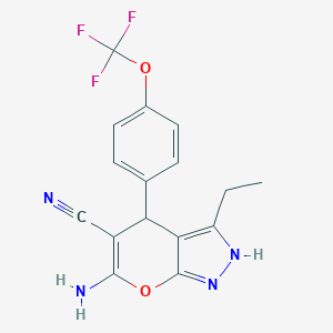 molecular formula C16H13F3N4O2 B460040 6-Amino-3-ethyl-4-{4-[(trifluoromethyl)oxy]phenyl}-2,4-dihydropyrano[2,3-c]pyrazole-5-carbonitrile CAS No. 371125-40-5