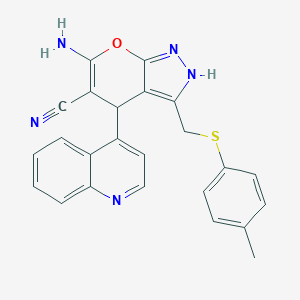 molecular formula C24H19N5OS B460046 6-Amino-3-{[(4-methylphenyl)sulfanyl]methyl}-4-(4-quinolinyl)-2,4-dihydropyrano[2,3-c]pyrazole-5-carbonitrile 