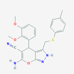 molecular formula C23H22N4O3S B460049 6-Amino-4-(2,3-dimethoxyphenyl)-3-{[(4-methylphenyl)sulfanyl]methyl}-2,4-dihydropyrano[2,3-c]pyrazole-5-carbonitrile 